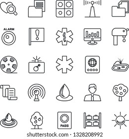 Thin Line Icon Set - bomb in case vector, passport, luggage storage, contract, statistic monitor, water drop, heart diagnostic, ambulance star, important flag, folder document, reel, antenna, pond