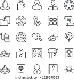 Thin Line Icon Set - bomb in case vector, passport, luggage storage, contract, water drop, heart diagnostic, patient, important flag, folder document, reel, application, root setup, pond, supply