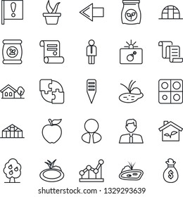 Thin Line Icon Set - bomb in case vector, left arrow, manager, contract, seedling, plant label, greenhouse, pond, fertilizer, important flag, application, point graph, house with tree, fruit, apple