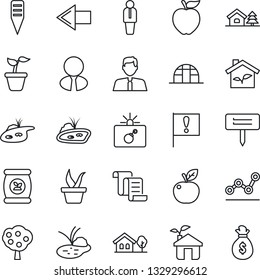 Thin Line Icon Set - bomb in case vector, left arrow, manager, contract, seedling, plant label, greenhouse, pond, fertilizer, important flag, point graph, house with tree, fruit, estate agent, apple