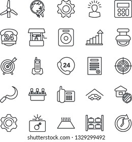 Thin Line Icon Set - bomb in case vector, luggage storage, plane globe, growth statistic, well, sickle, office phone, 24 hours, speaker, settings, calculator, target, meeting, contract, stamp, clock
