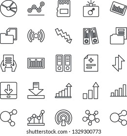 Thin Line Icon Set - bomb in case vector, growth statistic, office binder, crisis graph, document, diagnosis, folder, barcode, share, sd, data exchange, download, bar, pie, point, wireless