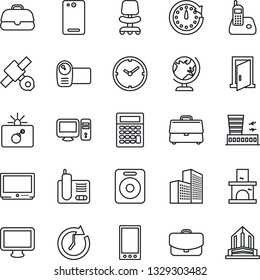 Thin Line Icon Set - bomb in case vector, globe, airport building, office chair, fireplace, satellite, tv, video camera, monitor, radio phone, speaker, mobile, back, clock, pc, door, calculator