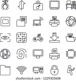 Thin Line Icon Set - bomb in case vector, wireless notebook, lock, desk, printer, virus, folder document, gamepad, tv, network, monitor, data exchange, download, chip, pc, eye scan, fingerprint