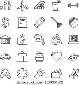 Thin Line Icon Set - bomb in case vector, disabled, ladder car, dollar sign, abacus, rake, heart, pills, patch, ambulance star, barbell, signpost, delivery, warehouse, shield, settings, torch, pond