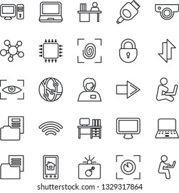 Thin Line Icon Set - bomb in case vector, right arrow, lock, desk, notebook pc, support, folder document, network, monitor, laptop, share, hdmi, data exchange, wireless, manager, chip, fingerprint