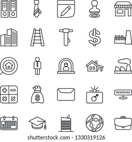 Thin Line Icon Set - bomb in case vector, reception, stamp, shop, manager, dollar sign, calculator, office binder, graduate, tie, money bag, factory, ladder, term, network, notes, building, mail