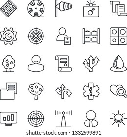 Thin Line Icon Set - bomb in case vector, wind, luggage storage, contract, statistic monitor, water drop, heart diagnostic, pills blister, ambulance star, patient, route, folder document, reel