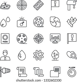 Thin Line Icon Set - bomb in case vector, passport, wind, contract, statistic monitor, water drop, heart diagnostic, pills blister, route, important flag, folder document, reel, application, target