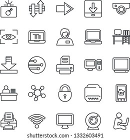 Thin Line Icon Set - bomb in case vector, right arrow, lock, desk, notebook pc, printer, support, tv, monitor, laptop, share, hdmi, network, data exchange, download, wireless, manager, web camera
