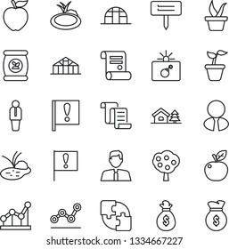 Thin Line Icon Set - bomb in case vector, manager, contract, seedling, plant label, greenhouse, pond, fertilizer, important flag, application, point graph, house with tree, fruit, estate agent