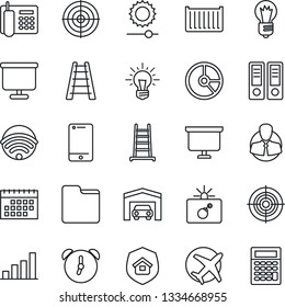 Thin Line Icon Set - bomb in case vector, office binder, presentation board, bulb, circle chart, ladder, plane, client, cargo container, cell phone, alarm, folder, brightness, calendar, bar graph