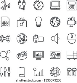 Thin Line Icon Set - bomb in case vector, mouse, bulb, earth, consolidated cargo, route, speaker, settings, video camera, network, laptop pc, share, low battery, rca, calculator, sim, charge