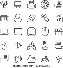 Thin Line Icon Set - bomb in case vector, right arrow, mouse, desk, printer, support, gamepad, tv, touch screen, monitor, hdmi, network, data exchange, wireless, document folder, manager, man with