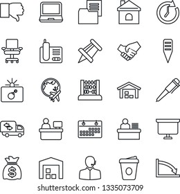 Thin Line Icon Set - bomb in case vector, plane globe, abacus, pen, money bag, presentation board, coffee, drawing pin, manager place, house, plant label, folder document, laptop pc, radio phone
