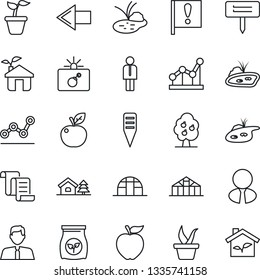 Thin Line Icon Set - bomb in case vector, left arrow, manager, contract, seedling, plant label, greenhouse, pond, fertilizer, important flag, point graph, house with tree, fruit, estate agent, apple