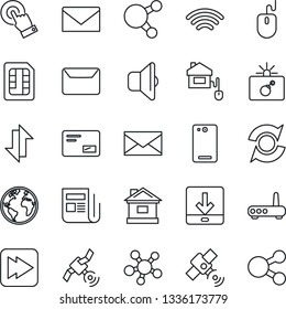 Thin Line Icon Set - bomb in case vector, mail, mouse, house, earth, satellite, news, touch screen, share, fast forward, phone back, sim, data exchange, download, wireless, update, home control