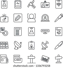 Thin Line Icon Set - bomb in case vector, reception, identity card, pen, document, reload, pulse clipboard, signpost, barcode, satellite antenna, notes, face id, news, paper binder, reserved, pass