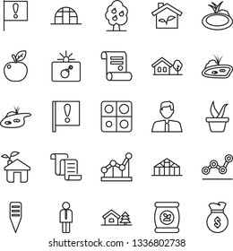 Thin Line Icon Set - bomb in case vector, manager, contract, seedling, plant label, greenhouse, pond, fertilizer, important flag, application, point graph, house with tree, fruit, estate agent, eco