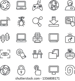 Thin Line Icon Set - bomb in case vector, wireless notebook, lock, printer, virus, support, folder document, gamepad, tv, network, touch screen, monitor, laptop pc, share, data exchange, download