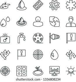Thin Line Icon Set - bomb in case vector, wind, statistic monitor, water drop, pond, pills blister, ambulance star, patient, route, important flag, reel, application, root setup, target, supply