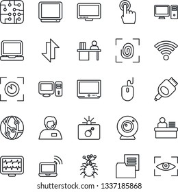 Thin Line Icon Set - bomb in case vector, wireless notebook, mouse, monitor pulse, virus, support, folder document, tv, network, touch screen, laptop pc, hdmi, data exchange, manager desk, chip