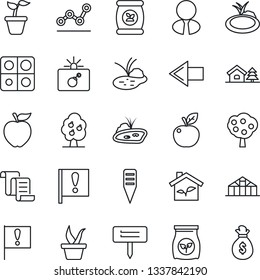 Thin Line Icon Set - bomb in case vector, left arrow, contract, seedling, plant label, greenhouse, pond, fertilizer, important flag, application, point graph, house with tree, fruit, estate agent