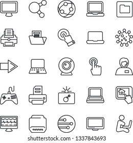 Thin Line Icon Set - bomb in case vector, right arrow, notebook pc, printer, monitor pulse, virus, support, gamepad, network, touch screen, laptop, share, hdmi, folder, document, web camera