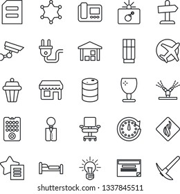 Thin Line Icon Set - bomb in case vector, bed, document, plane, fragile, warehouse, oil barrel, favorites list, office chair, waiter, drink, power plug, remote control, irrigation, intercome, police