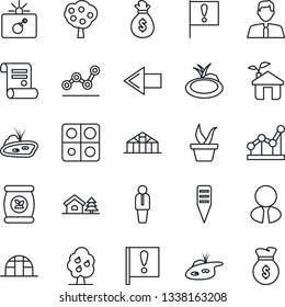 Thin Line Icon Set - bomb in case vector, left arrow, manager, contract, seedling, plant label, greenhouse, pond, fertilizer, important flag, application, point graph, house with tree, fruit, eco