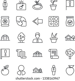 Thin Line Icon Set - bomb in case vector, left arrow, manager, contract, seedling, greenhouse, pond, fertilizer, important flag, application, house with tree, fruit, estate agent, apple