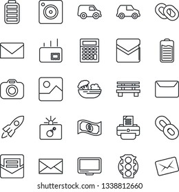 Thin Line Icon Set - bomb in case vector, mail, printer, bench, traffic light, camera, monitor, chain, battery, mobile, gallery, salad, rocket, cash, calculator, car
