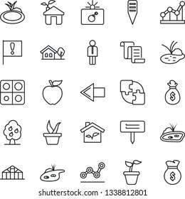 Thin Line Icon Set - bomb in case vector, left arrow, manager, contract, seedling, plant label, greenhouse, pond, important flag, application, point graph, house with tree, fruit, apple, eco