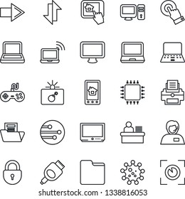Thin Line Icon Set - bomb in case vector, wireless notebook, right arrow, lock, pc, virus, support, gamepad, tv, touch screen, monitor, laptop, hdmi, network, folder, data exchange, document, chip