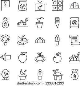 Thin Line Icon Set - bomb in case vector, left arrow, manager, contract, seedling, plant label, greenhouse, pond, fertilizer, important flag, application, point graph, fruit tree, apple, eco house