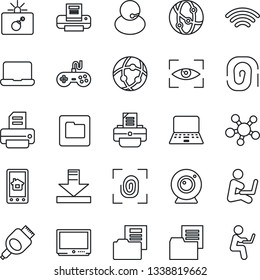 Thin Line Icon Set - bomb in case vector, notebook pc, printer, support, folder document, gamepad, tv, network, share, hdmi, download, wireless, fingerprint, web camera, home control app, eye scan