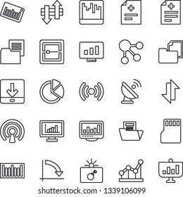 Thin Line Icon Set - bomb in case vector, crisis graph, statistic monitor, diagnosis, folder document, barcode, satellite antenna, scanner, sd, data exchange, download, statistics, pie, point
