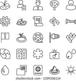 Thin Line Icon Set - bomb in case vector, passport, bed, wind, contract, water drop, pond, ambulance star, patient, route, important flag, folder document, reel, application, root setup, fruit tree