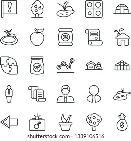 Thin Line Icon Set - bomb in case vector, left arrow, manager, contract, seedling, greenhouse, pond, fertilizer, important flag, application, point graph, house with tree, fruit, estate agent, apple