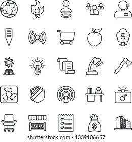 Thin Line Icon Set - bomb in case vector, stamp, contract, team, money bag, fire, axe, plant label, shield, network, office chair, support, checklist, manager desk, lamp, alcove, apple fruit, fan