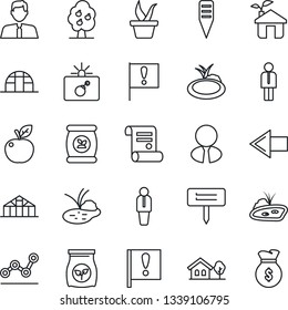 Thin Line Icon Set - bomb in case vector, left arrow, manager, contract, seedling, plant label, greenhouse, pond, fertilizer, important flag, point graph, house with tree, fruit, estate agent, apple