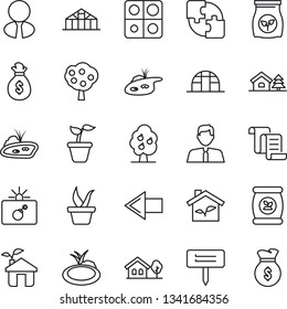 Thin Line Icon Set - bomb in case vector, left arrow, contract, seedling, plant label, greenhouse, pond, fertilizer, application, house with tree, fruit, estate agent, eco, money bag