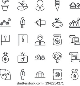 Thin Line Icon Set - bomb in case vector, left arrow, manager, contract, seedling, plant label, greenhouse, pond, fertilizer, important flag, application, point graph, house with tree, fruit