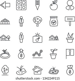 Thin Line Icon Set - bomb in case vector, left arrow, manager, seedling, plant label, greenhouse, pond, fertilizer, important flag, application, point graph, house with tree, fruit, estate agent