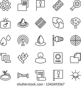 Thin Line Icon Set - bomb in case vector, passport, bed, wind, contract, water drop, pond, heart diagnostic, pills blister, patient, route, important flag, folder document, antenna, application