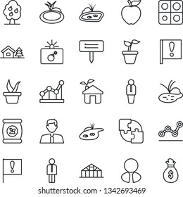 Thin Line Icon Set - bomb in case vector, manager, seedling, plant label, greenhouse, pond, fertilizer, important flag, application, point graph, house with tree, fruit, estate agent, apple, eco