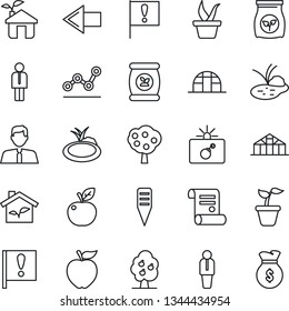 Thin Line Icon Set - bomb in case vector, left arrow, manager, contract, seedling, plant label, greenhouse, pond, fertilizer, important flag, point graph, fruit tree, estate agent, apple, eco house