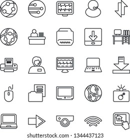 Thin Line Icon Set - bomb in case vector, right arrow, mouse, desk, notebook pc, monitor pulse, support, tv, network, laptop, hdmi, data exchange, download, wireless, document folder, manager