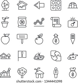 Thin Line Icon Set - bomb in case vector, left arrow, manager, contract, seedling, plant label, greenhouse, fertilizer, important flag, application, point graph, house with tree, pond, fruit, apple