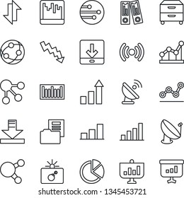 Thin Line Icon Set - bomb in case vector, growth statistic, office binder, crisis graph, barcode, satellite antenna, network, share, scanner, data exchange, download, bar, pie, document folder